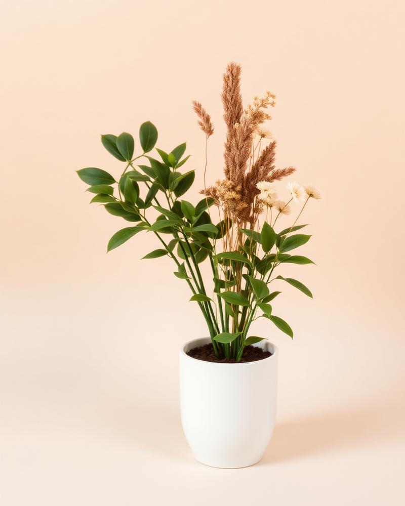 Pianta e fiori secchi in vaso bianco
