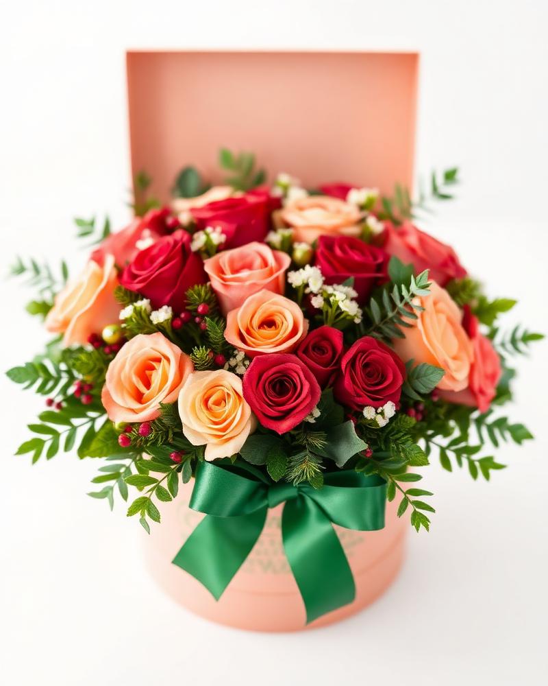 Flower box con rose rosse e pesca
